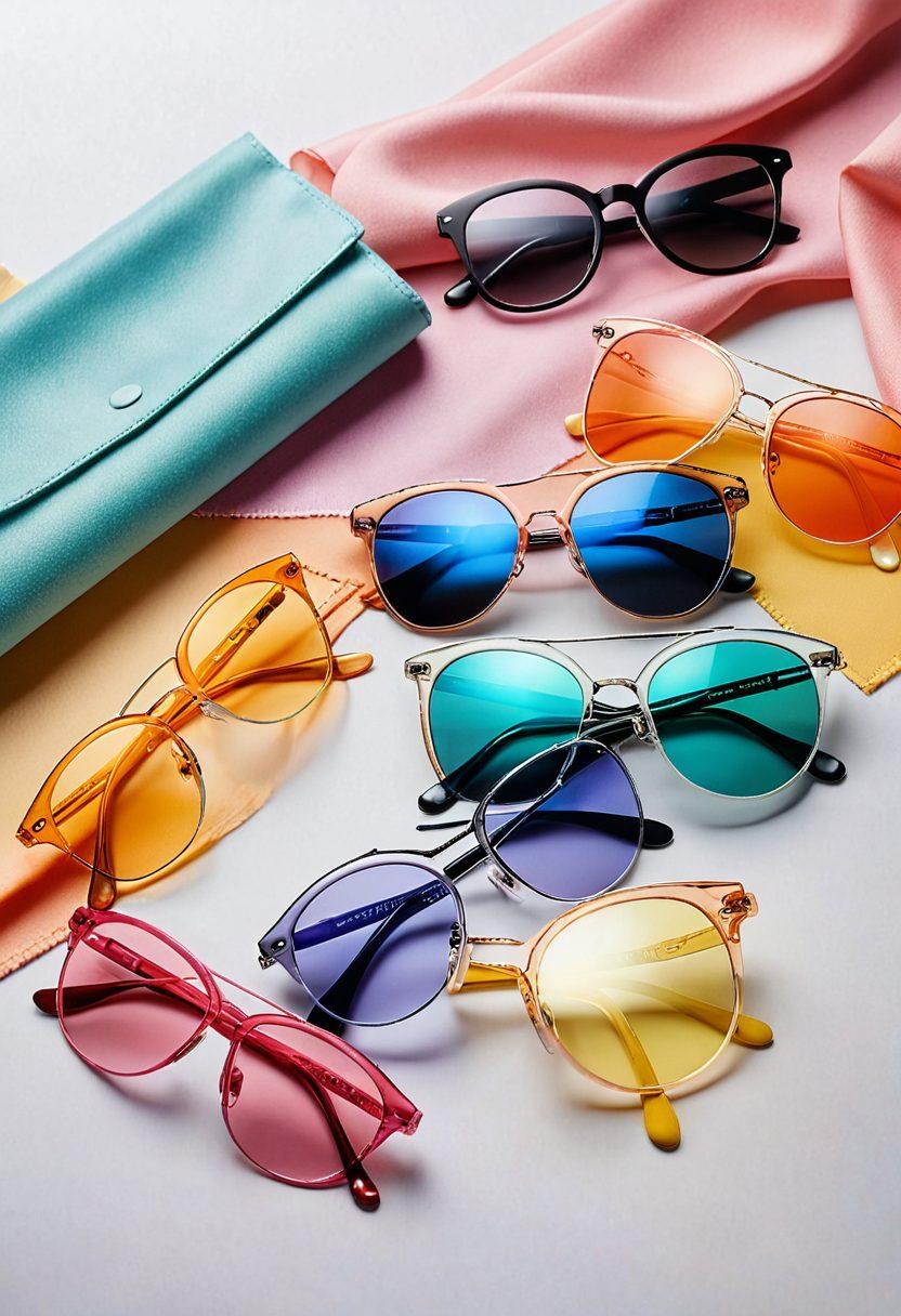A colorful collection of stylish eyeglasses and sunglasses, arranged on a reflective surface, showcasing a spectrum of vibrant lenses. Surrounding the glasses, playful fashion elements like scarves and hats, emphasizing a trendsetting vibe. The background features a soft gradient of pastel colors to enhance the focus on the lenses. The scene should convey a sense of creativity and self-expression. vibrant colors. super-realistic.