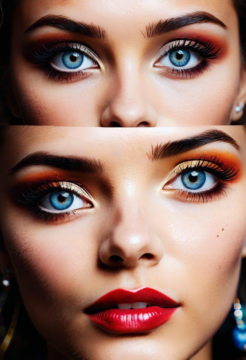 A vibrant close-up of a diverse group of people wearing striking custom contact lenses, showcasing unique patterns and colors that reflect their personalities. The background features a soft blur of a chic urban setting with artfully arranged eye makeup products. Soft natural lighting enhances the vividness of the contact lenses and the joyful expressions of the individuals. The composition exudes a sense of creativity, individuality, and fashion-forward style. super-realistic. vibrant colors. urban chic.