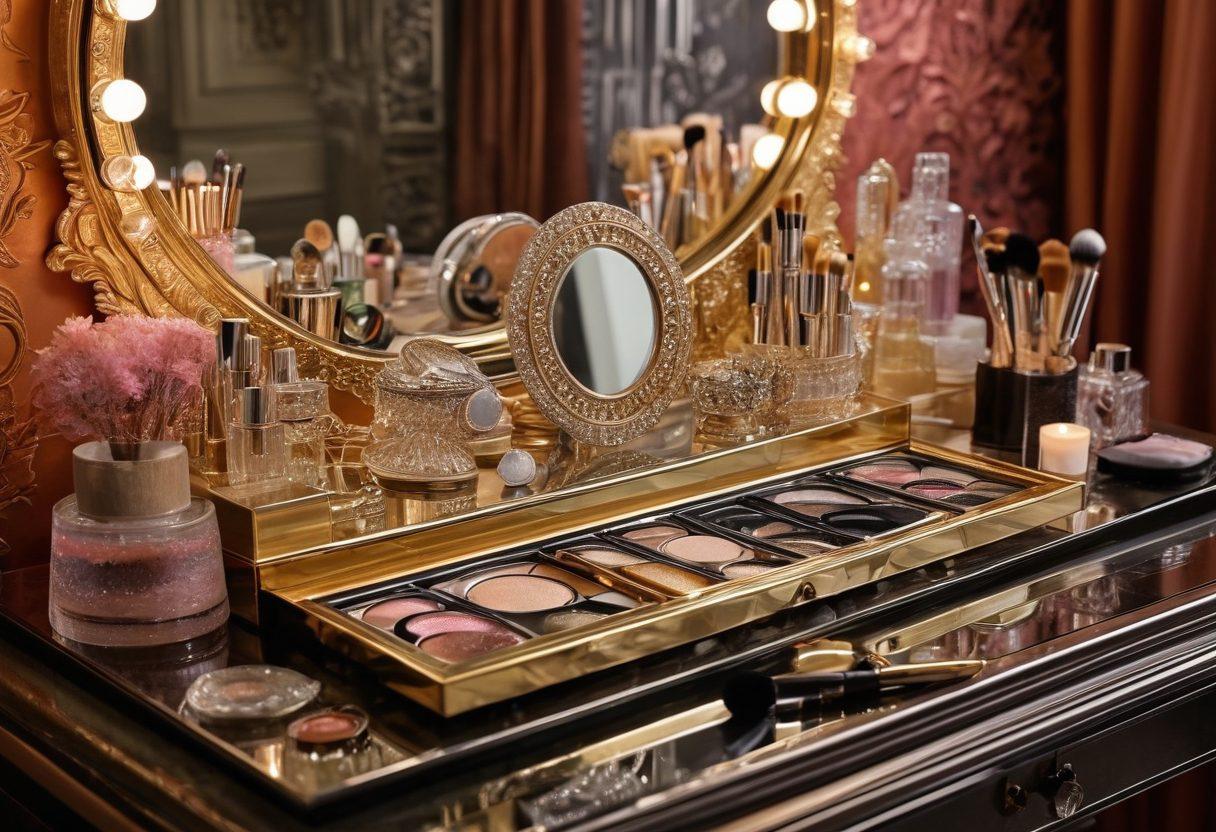 A close-up of diverse fashionable decorative lenses displayed with intricate designs, showcasing various eye colors and patterns. The background features a stylish vanity setup with soft lighting, reflecting a chic atmosphere. Include hints of fashion accessories like jewelry and makeup brushes, enhancing the theme of beauty and style. super-realistic. vibrant colors. elegant composition.